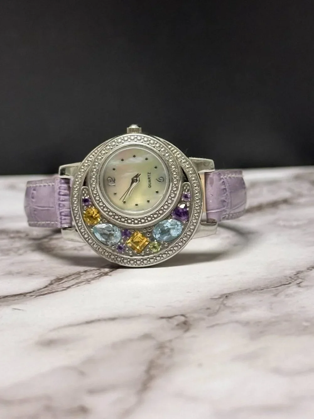 Rhinestone Watch Women Silver Tone Mother of Pearl Dial Leather Band New Battery
